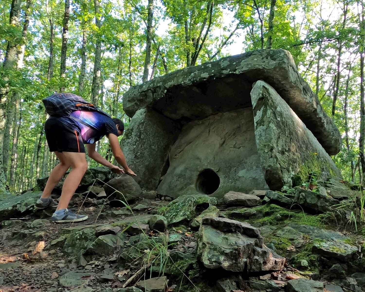 Левый ракурс дольмен с пробкой в лесу