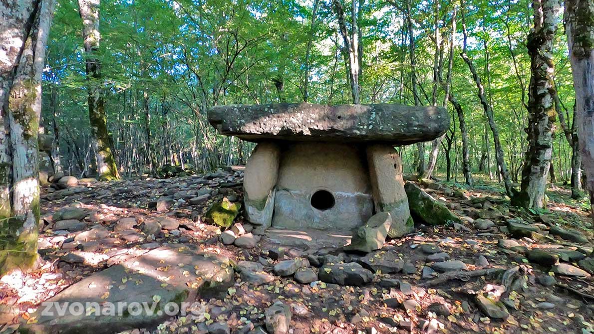 Каменный дольмен Пшада с круглым отверстием среди деревьев